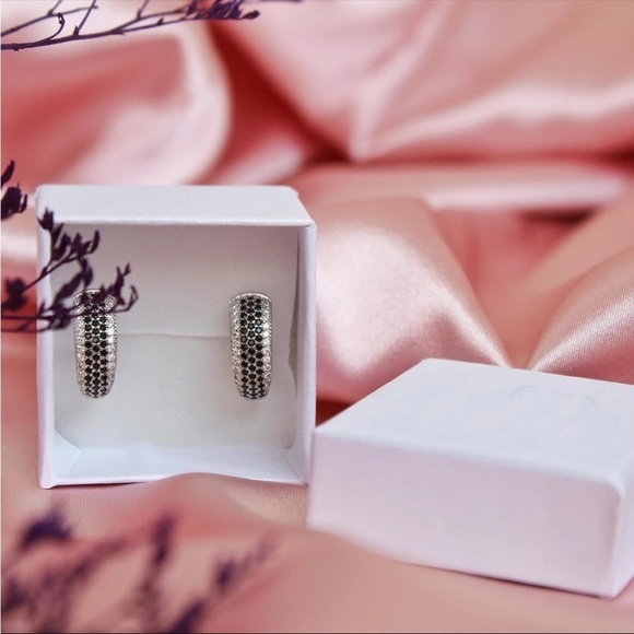 Sterling Silver Black Hoop Earring Simulated diamonds Black gothic Sparkly - Picture 12 of 15